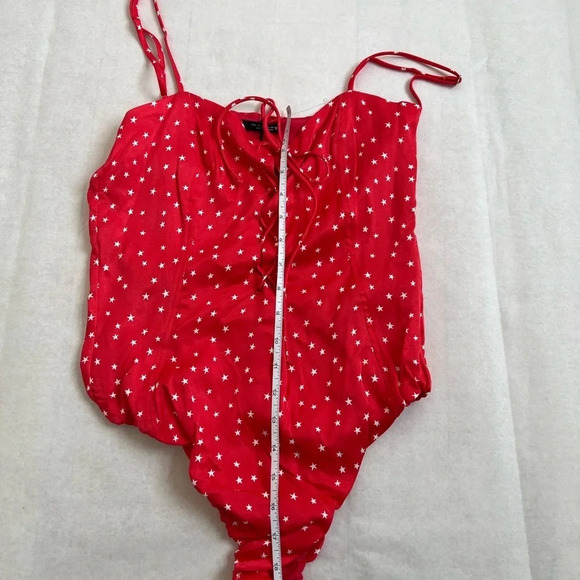 NWOT ZARA Red Satin Laced V-NECK Viscose Blend Stars Print BODYSUIT SIZE Large - Picture 8 of 8
